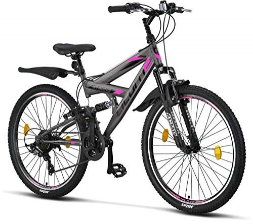 Mountain Bike : Licorne Bike Premium Mountain Bike Strong da 26 pollici, bicicletta per ragazzi, ragazze, donne e uomini, con cambio Shimano a 21 marce, sospensioni complete, antracite / rosa., 26 inches