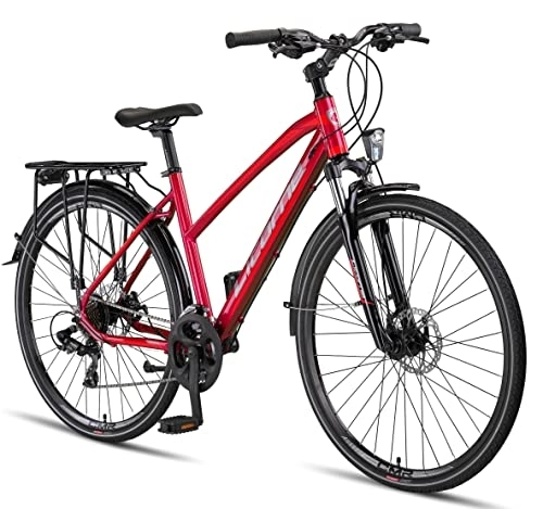 Mountain Bike : Licorne Bike Premium Touring Bike da trekking in alluminio da 28 pollici, per ragazzi, ragazze, uomini e donne, cambio a 21 marce, mountain bike, crossbike (donna, rosso scuro)