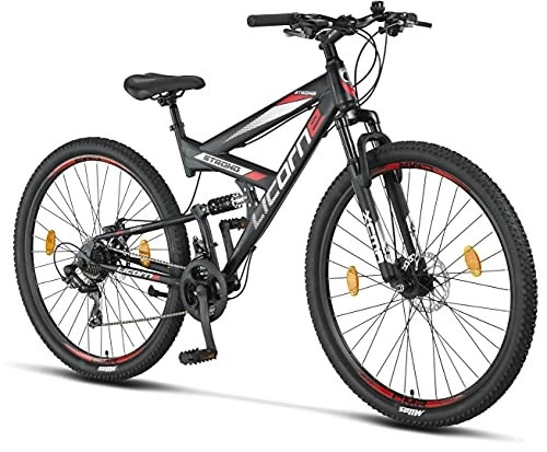 Mountain Bike : Licorne Bike Strong 2D Premium Mountain Bike, Bicicletta per Ragazzi, Ragazze, Donne e Uomini – Freno a Disco Anteriore e Posteriore – 21 Marce – Sospensione Completa (Nero / Rosso, 29.00)