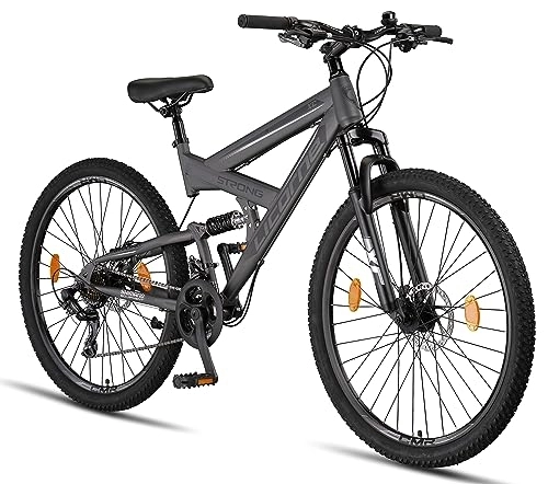 Mountain Bike : Licorne Bike Strong 2D Premium Mountain Bike da 26, 27, 5 e 29 pollici, per ragazzi e ragazze, freno a disco anteriore e posteriore, cambio a 21 marce, sospensione completa (27, 5 pollici, antracite)