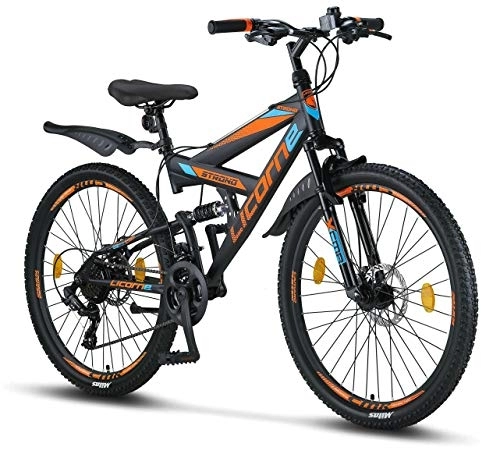 Mountain Bike : Licorne Bike Strong D 26" mountain bike Fully, adatto a partire da 150 cm, freno a disco anteriore e posteriore, cambio a 21 marce, sospensioni complete, per ragazzi, Nero / Blu / arancione