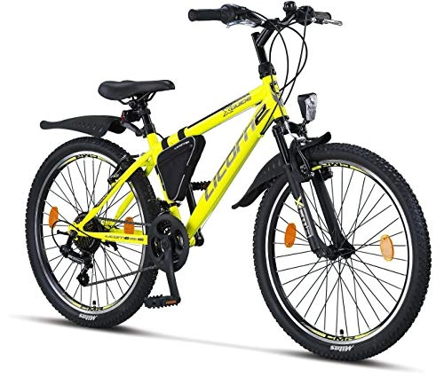 Mountain Bike : Licorne - Mountain bike per bambini, uomini e donne, con cambio Shimano a 21 marce, Unisex - Adulto, giallo / nero, 24
