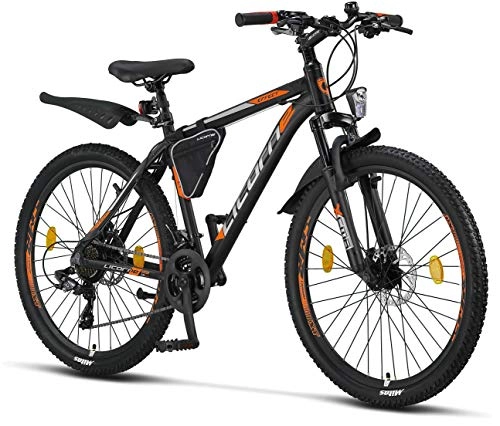 Mountain Bike : Licorne - Mountain bike Premium per bambini, bambine, uomini e donne, con cambio 21 marce, Bambina, nero / arancione (2 freni a disco)., 26 inches