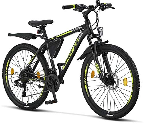 Mountain Bike : Licorne - Mountain Bike Premium per Bambini, Bambine, Uomini e Donne, con Cambio 21 Marce, Bambina, Nero / Lime (2 Freni a Disco), 26 Inches