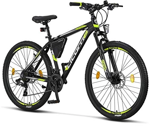 Mountain Bike : Licorne - Mountain Bike Premium per Bambini, Bambine, Uomini e Donne, con Cambio 21 Marce, Bambina, Nero / Lime (2 Freni a Disco), 27.5 Inches