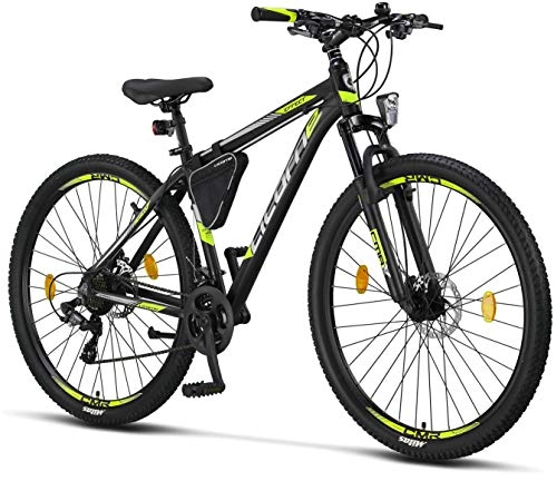 Mountain Bike : Licorne - Mountain bike Premium per bambini, bambine, uomini e donne, con cambio a 21 marce, Bambina, nero / lime (2 freni a disco)., 29 inches
