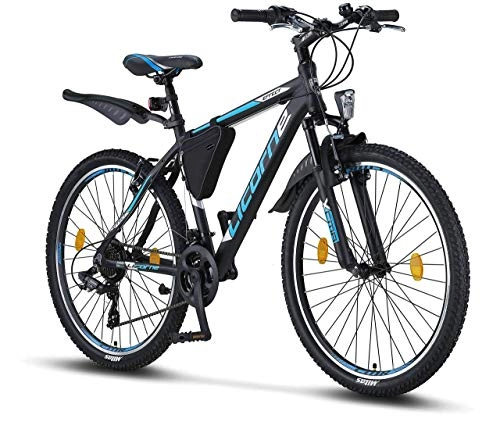 Mountain Bike : Licorne - Mountain bike Premium per bambini, bambine, uomini e donne, con cambio Shimano a 21 marce, Bambino Uomo, nero / blu, 26
