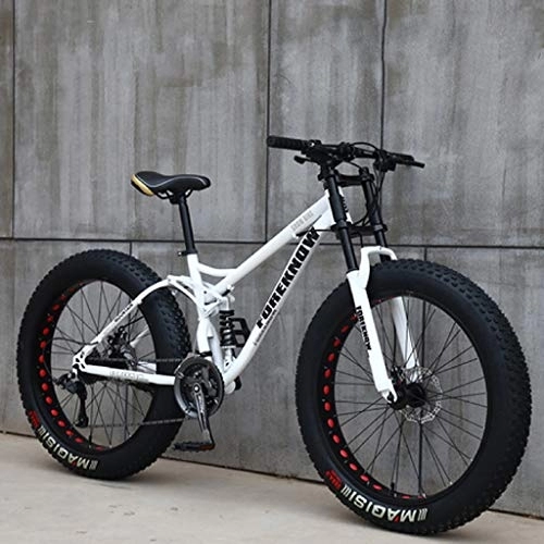 Mountain Bike : Mountain bike da 26 pollici, MJH-01, Fat Tire Mountain Trail Bike, 24 velocità, telaio in acciaio al carbonio, doppia sospensione completa, freno a disco, bianco / rosso