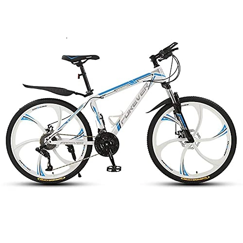 Mountain Bike : Mountain bike da 26 pollici, mountain bike hardtail in acciaio ad alto tenore di carbonio, MTB per adulti con freni a disco meccanici, ruota a 6 razze, fengong a 21 velocità (colore: bianco blu)