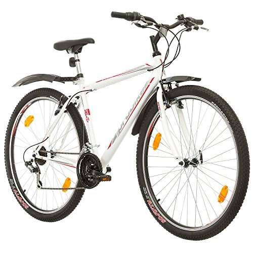 Mountain Bike : Multibrand, PROBIKE PRO 29, 29 Pollici, 483mm, Mountain Bike, Unisex, 21 velocità Shimano (Bianco / Grigio-Rosso + Parafango)