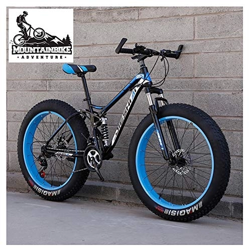 Mountain Bike : NENGGE Mountain Bike Biammortizzata con Doppia Freni a Disco, Adulti Uomo Donna Pneumatico Grasso Bicicletta Mountain Bike, Acciaio ad Alto Tenore di Carbonio Biciclette, Blue 1, 24 inch 21 Speed