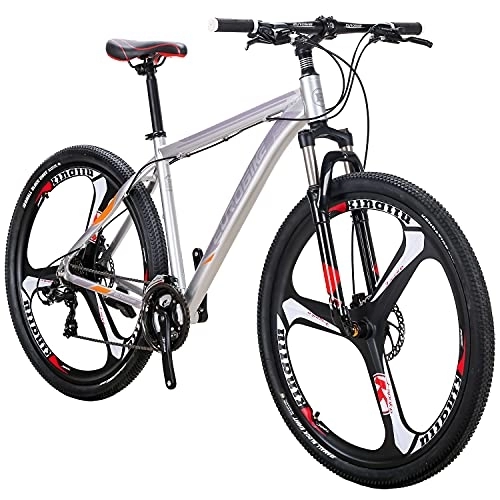 Mountain Bike : QQW Mountain Bike per Maschi, Telaio in Alluminio Mountain Bike, 21 Velocità, Freni a Disco Doppio, Sospensione Anteriore, Adulti per Biciclette da Uomo / 3-Spoke Sil