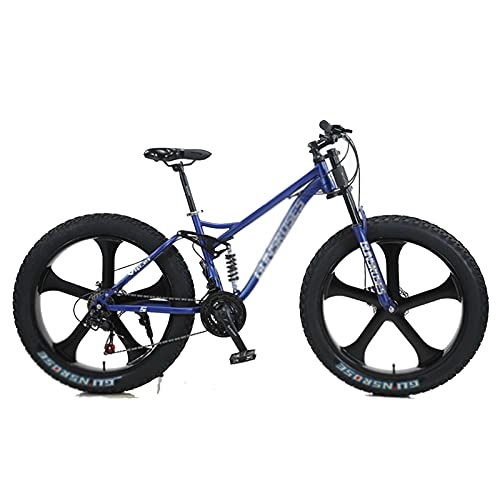 Mountain Bike : WANYE Big Fat Tire Mountain Bike Bicicletta da Uomo 26 in Telaio in Acciaio Ad Alto Tenore di Carbonio Outdoor Road Bike 7 velocità Full Suspension MTB Blue-5 Spoke Wheel