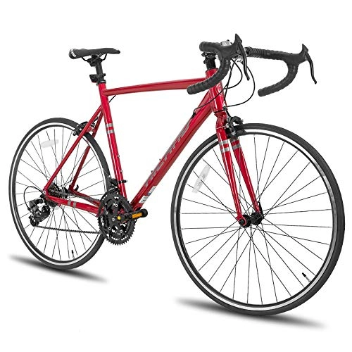 Bicicletas de carretera : Hiland Bicicleta de carreras 700c de aluminio, 21 velocidades, color rojo, 49 cm