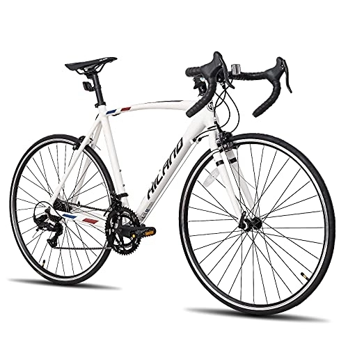 Bicicletas de carretera : Hiland - Bicicleta de carreras 700c, ruedas de 14 velocidades, cambio de 55 / 60 cm, marco de aluminio, para hombre y mujer, color blanco