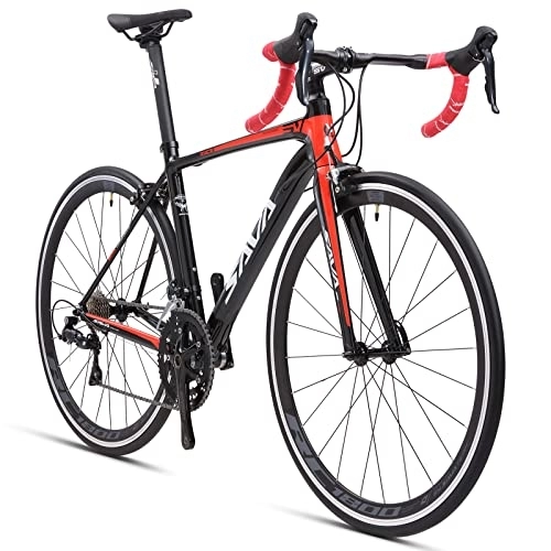Bicicletas de carretera : SAVADECK Bicicleta de Carretera con Horquilla de Carbono, R6 700C Bicicleta de Carreras de aleación de Aluminio Ligera con Cambio Sora R3000 18 velocidades y Freno de Doble V (54cm, Negro Rojo)