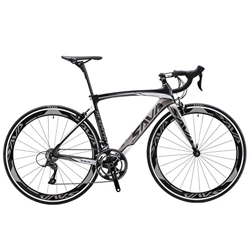 Bicicletas de carretera : Savane - Bicicleta de carreras de carbono, con viento de guerra 3.0 Carbon Fork y marco de carbono, con Shimano SORA R3000, 18 velocidades, doble freno en V (negro, gris, 52 cm)