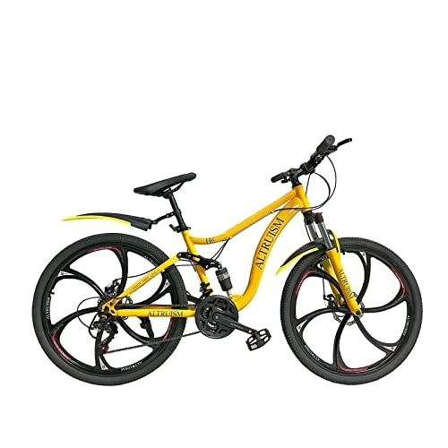 Bicicletas de montaña : ALTRUISM Bicicleta de montaña 26 pulgadas Shimano 21 velocidades de cambio de doble disco frenos de suspensión completa MTB 6 radios ruedas para hombre y mujer (amarillo)