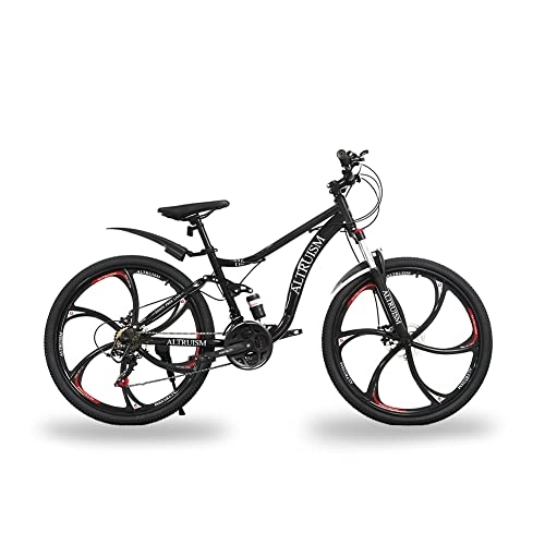 Bicicletas de montaña : Bicicleta de montaña 26 pulgadas Shimano 21 velocidades de cambio de doble disco frenos de suspensión completa MTB 6 radios ruedas para hombres y mujeres (negro)