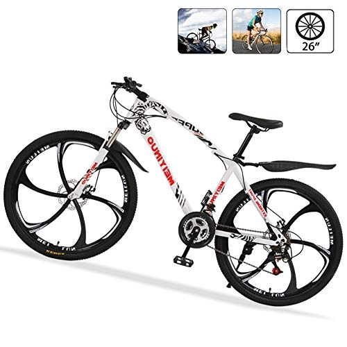 Bicicletas de montaña : Bicicleta de Ruta Carbono Acero R26 21V Bicicleta de Montaa MTB con Suspensin Delantero, Doble Freno de Disco, Blanco, 6 Spokes