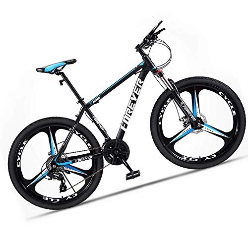Bicicletas de montaña : Bicicleta montaña Adulto Hombre de Acero de Alto Carbono Velocidad Bici Descenso MTB con suspensin Delante y Freno de Disco mecnico, Azul, 27 Speed 24 Inch