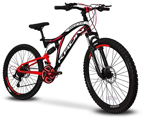 Bicicletas de montaña : Bicicleta MTB Kron Ares de 26 pulgadas BIAMORTIZADA 21 velocidades Shimano Mountain Bike REVO freno de disco (negro / rojo)