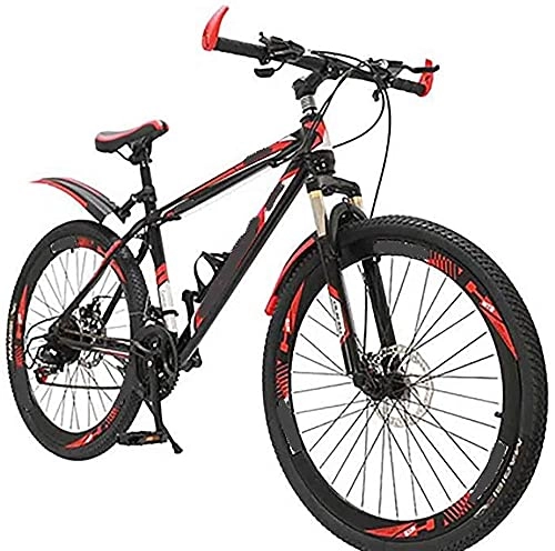 Bicicletas de montaña : Bicicletas de montaña para hombres y mujeres, ruedas de 20, 24 y 26 pulgadas, engranajes de 21-27 velocidades, marco de acero de alto carbono, doble suspensión, azul, verde y rojo (color: rojo, tamaño