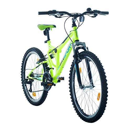 Bicicletas de montaña : Bikesport Parallax Bicicleta De montaña Doble suspensión 24 Ruedas, Shimano 18 velocidades (Verde neón)