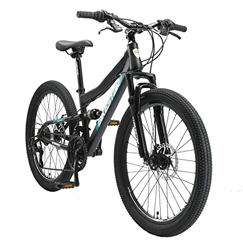 Bicicletas de montaña : BIKESTAR Bicicleta de montaña Suspensión Doble Bicicleta Juvenil 24 Pulgadas de 8 años | Cambio Shimano de 21 velocidades, Freno de Disco, Fully | niños Bicicleta Negro
