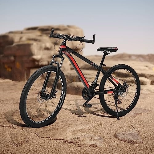 Bicicletas de montaña : Esyogen Bicicleta de montaña de 26 pulgadas para hombre y mujer, 21 marchas, frenos de disco, suspensión completa (negro y rojo)