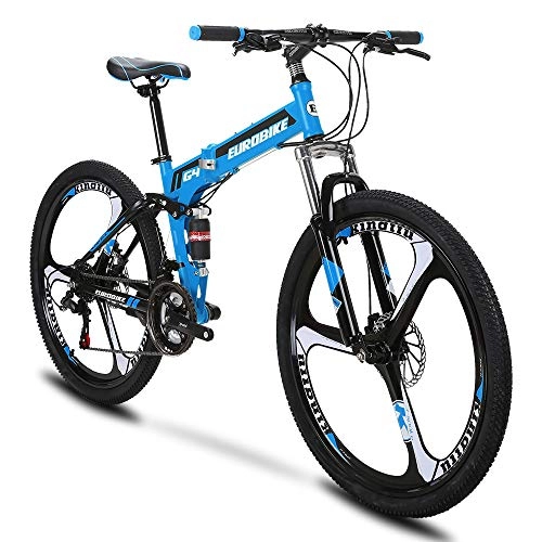 Bicicletas de montaña : Extrbici G4 Mountain Bike 21 Frame Acero Velocidad 26 Pulgadas Ruedas Bicicleta Suspensión Plegable (Blue)