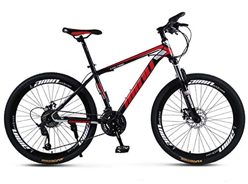 Bicicletas de montaña : H-LML Bicicleta de montaña para adultos, 26 pulgadas, 27 velocidades, transmisión de una sola rueda, todo terreno, amortiguador, para hombre y mujer, color negro y rojo