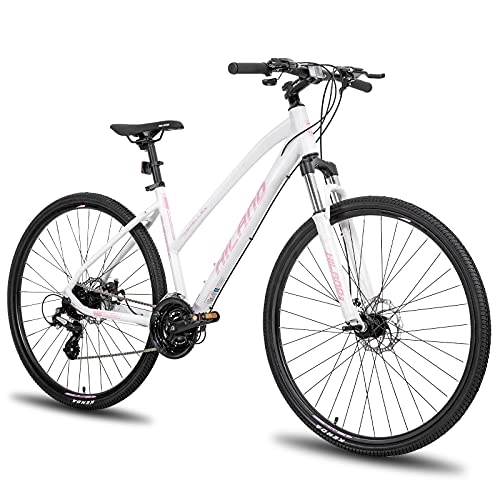 Bicicletas de montaña : Hiland 700C - Bicicleta híbrida (24 marchas de velocidad, con horquilla de bloqueo de suspensión, freno de disco, ciudad, viajero, comodidad, bicicleta, color blanco