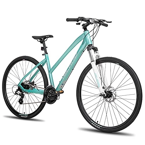 Bicicletas de montaña : Hiland 700C - Bicicleta híbrida (24 marchas de velocidad, con horquilla de bloqueo de suspensión, freno de disco, ciudad, viajero, comodidad, bicicleta, verde