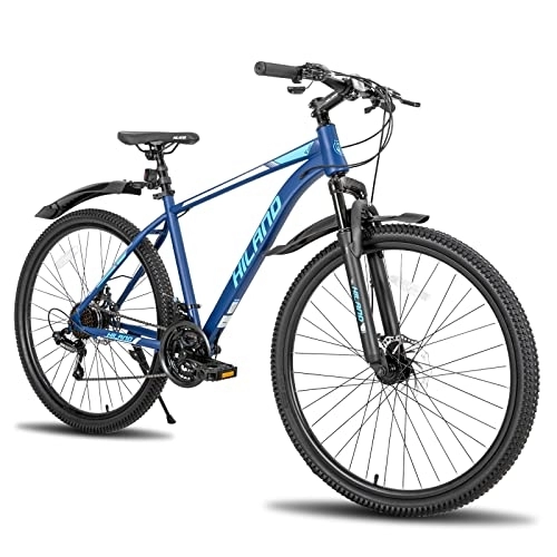 Bicicletas de montaña : HILAND Bicicleta de Montaña 26 Pulgadas, Bicicleta MTB para Hombres Mujeres y Niños Shimano 21 Velocidades con Cuadro de Acero, Frenos de Disco Horquilla de Suspensión y Guardabarros, Azul Oscuro