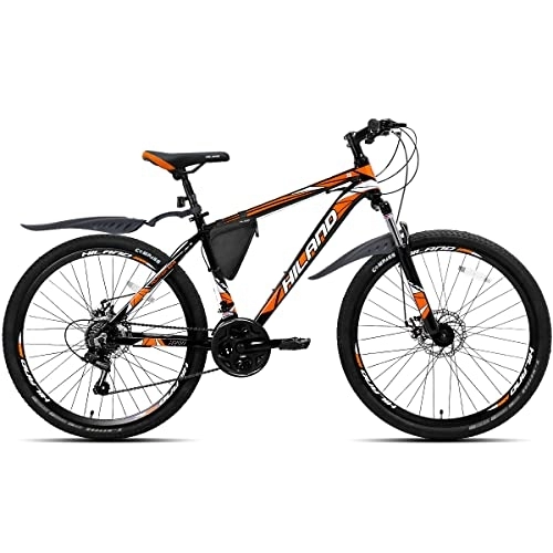 Bicicletas de montaña : Hiland Bicicleta de Montaña 26 Pulgadas con Bolsa de Sillín, Bicicleta para Hombre y Mujer con Freno de Disco y Ruedas de Radios, Negro y Naranja