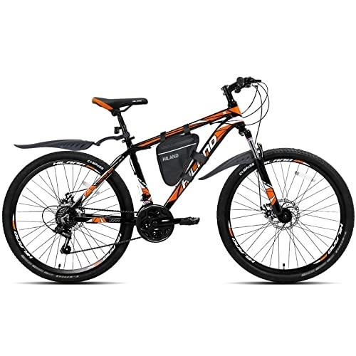 Bicicletas de montaña : Hiland Bicicleta de Montaña 26 Pulgadas con Bolsa de Sillín, MTB Bicicleta para Hombre y Mujer con Cuadro 17 Pulgadas, Freno de Disco y Ruedas de Radios, Negro y Naranja
