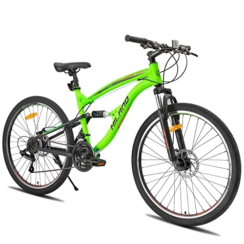 Bicicletas de montaña : Hiland - Bicicleta de montaña (26 pulgadas, suspensión completa, doble suspensión, 21 velocidades, MTB, para niños y niñas), color verde