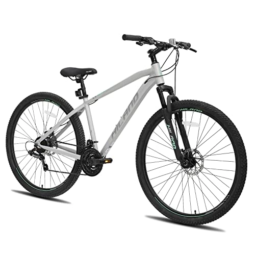 Bicicletas de montaña : HILAND Bicicleta de Montaña 29 Pulgadas Marco de Aluminio 431mm, Bicicleta para Hombre y Mujer con Cambio Shimano 21 Velocidades, Freno de Disco y Horquilla de Suspensión, Plateado