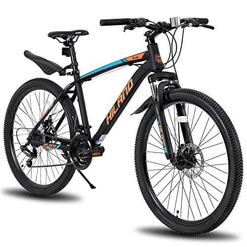Bicicletas de montaña : HILAND Bicicleta de Montaña de 26 Pulgadas 21 Velocidades con Cuadro de Acero, Freno de Disco y Horquilla de Suspensión, Bicicleta Urbana, Color Negro y Naranja