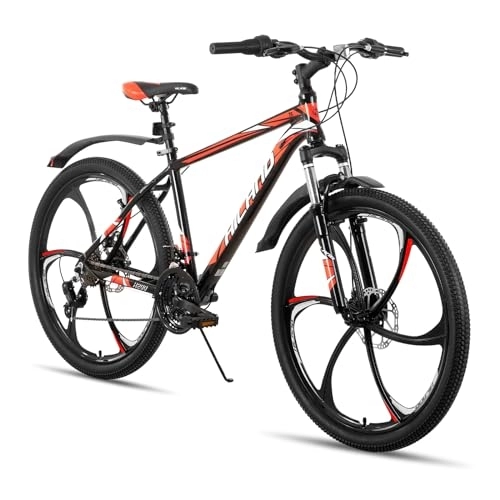 Bicicletas de montaña : Hiland Bicicleta de Montaña de 26 pulgadas con Marco de Aluminio de 17 Pulgadas, Negro y Rojo, Freno de Disco Horquilla de Suspensión 6 Ruedas de Radio, Bicicleta para Juventud Adultos Hombre y Mujer…