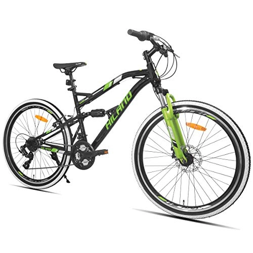 Bicicletas de montaña : HILAND Bicicleta de montaña de 26 pulgadas con suspensión completa con freno de disco para hombres, mujeres, niños y niñas, 21 velocidades Shimano, color negro