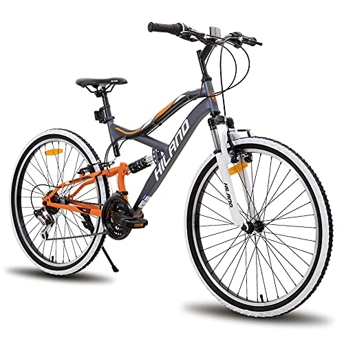 Bicicletas de montaña : Hiland - Bicicleta de montaña de 26 pulgadas, Shimano de 18 velocidades, suspensión completa con horquilla de suspensión, suspensión completa, bicicleta juvenil, para hombre, urbana, color gris