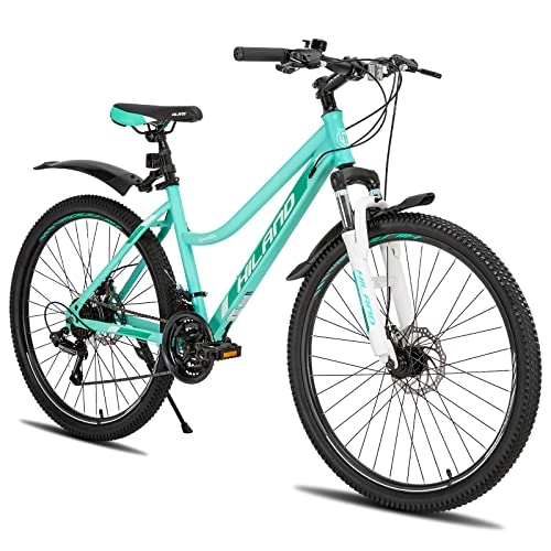 Bicicletas de montaña : Hiland Bicicleta de montaña de 26 pulgadas, suspensión delantera con 21 marchas, marco de acero, freno de disco, guardabarros, color verde menta para mujer