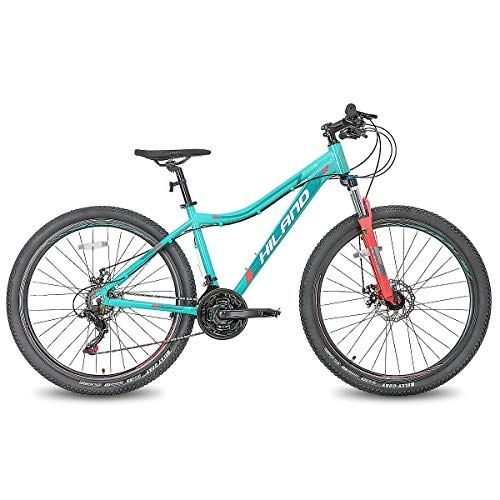 Bicicletas de montaña : Hiland Bicicleta de Montaña de 27, 5 Pulgadas, Cuadro de Aluminio, 24 Velocidades, Disco Dual con Horquilla de Suspensión Lock-out para Mujeres, Color Verde Menta…