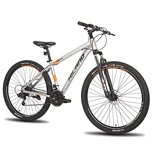 Bicicletas de montaña : Hiland - Bicicleta de montaña de 29 pulgadas con ruedas de radios, marco de aluminio, 21 marchas, freno de disco, horquilla de suspensión gris, marco de 432 mm