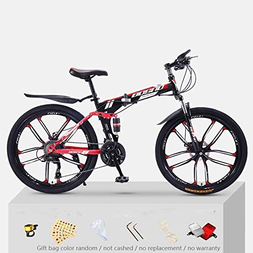 Bicicletas de montaña : KNFBOK bicicleta de montaña hombre Bicicleta de montaña para adultos, 21 velocidades, marco de acero grueso, bicicleta plegable, 26 pulgadas, doble choque, todoterreno, niños y niñas Rueda negra y roja de diez cuchillas