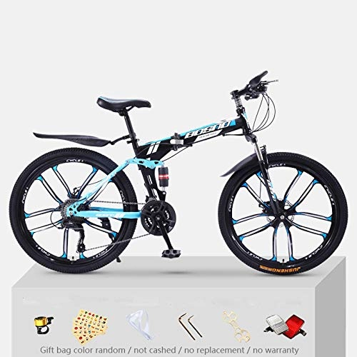 Bicicletas de montaña : KNFBOK bicis de montaña mujer Bicicleta de montaña para adultos, 21 velocidades, marco de acero grueso, bicicleta plegable, 26 pulgadas, doble choque, todoterreno, niños y niñas Rueda de diez cuchillas negra y azul