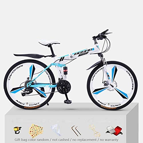 Bicicletas de montaña : KNFBOK bicis de montaña mujer Bicicleta de montaña para adultos, 21 velocidades, marco de acero grueso, bicicleta plegable, 26 pulgadas, doble choque, todoterreno, niños y niñas Rueda de tres cuchillas blanca y azul