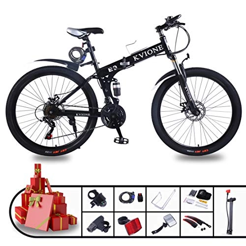 Bicicletas de montaña : KVIONE E9 Bicicleta de montaña de 21 velocidades para hombres y mujeres Bicicleta de montaña MTB de 26 pulgadas Acero de alto carbono con bicicleta plegable de freno de disco de 21 velocidades (negro)